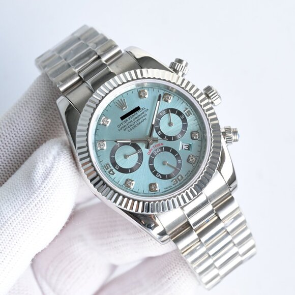 Other - Custom Ice Blue Diamond Dial Chronograph Watch with Fluted Bezel & Jubilee Brace